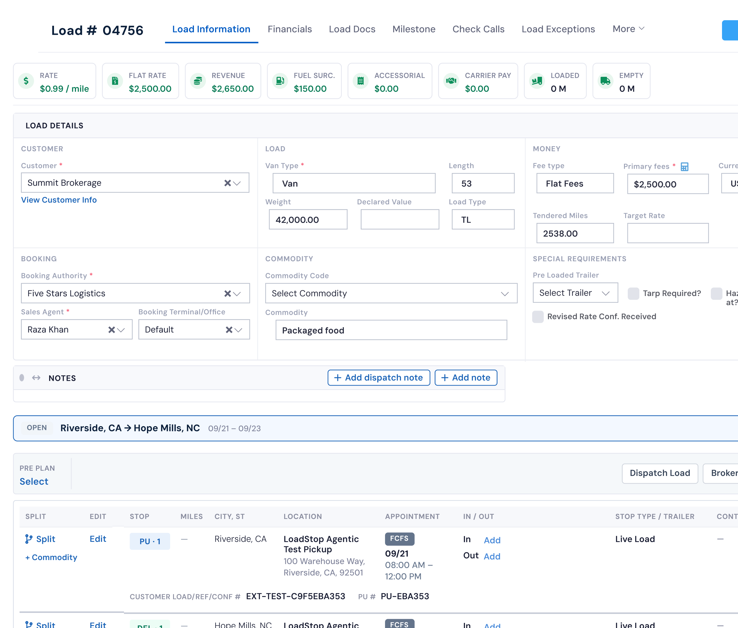 LoadStop Load Information for load 04756 with rates, customer, booking, and commodity details