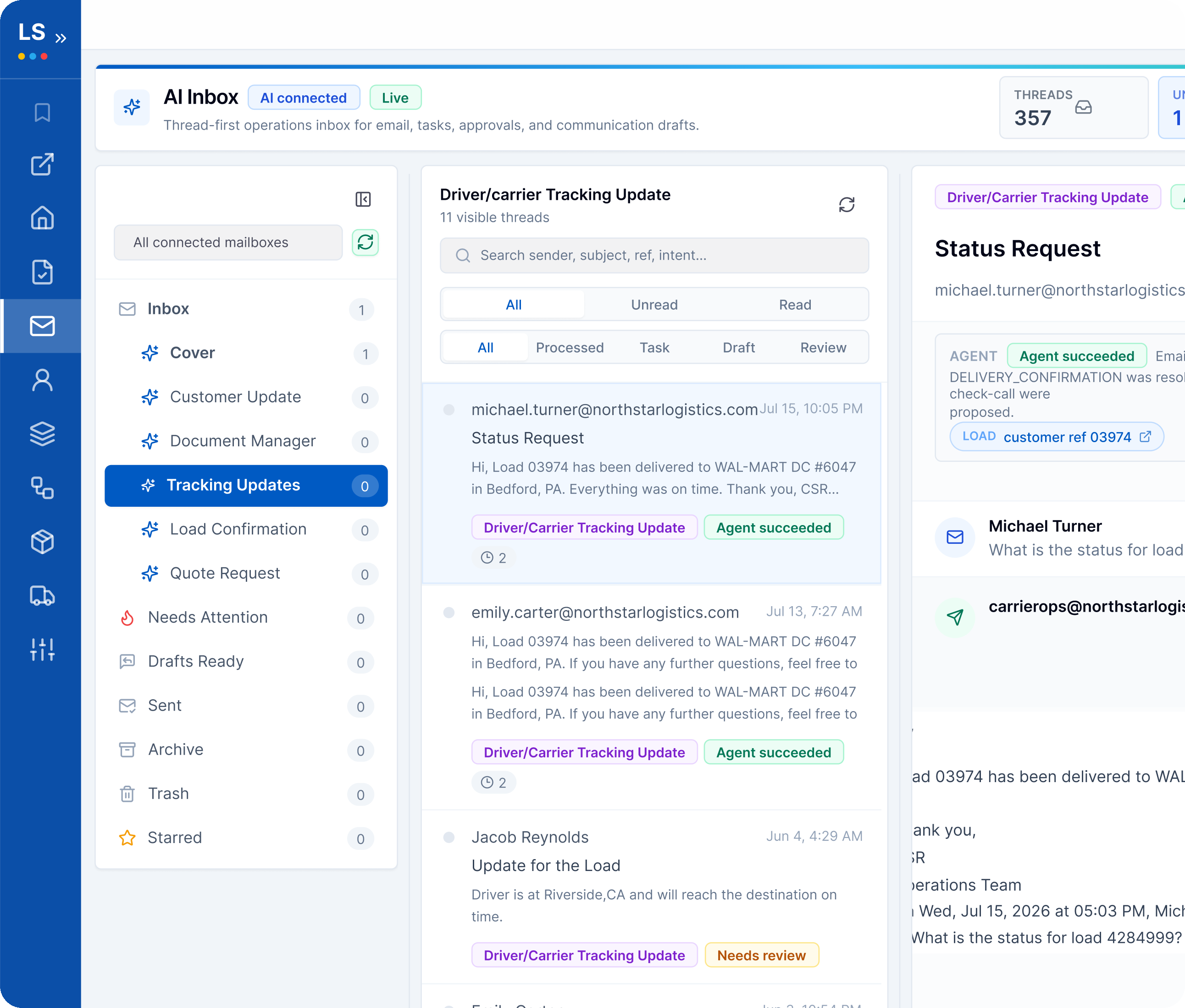 LoadStop AI Inbox Tracking Updates with status request threads and agent classification