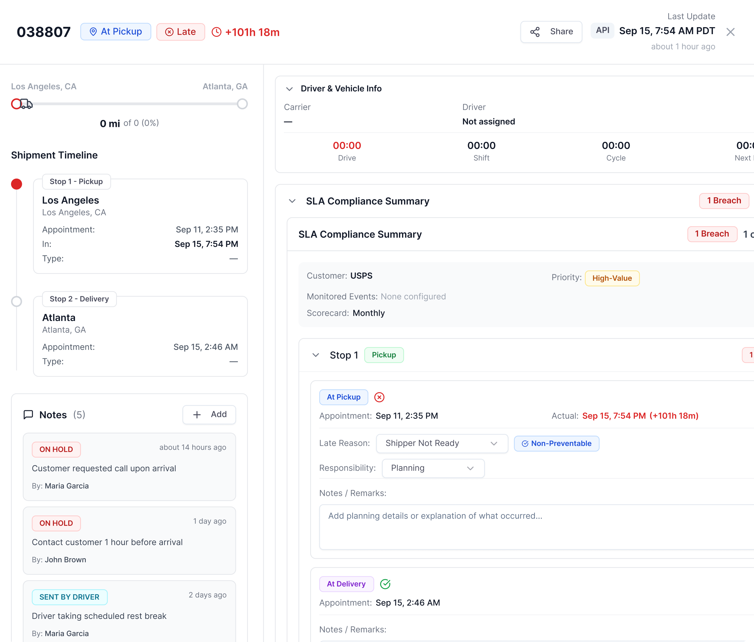 LoadStop shipment SLA Compliance Summary with pickup breach, late reason, and notes