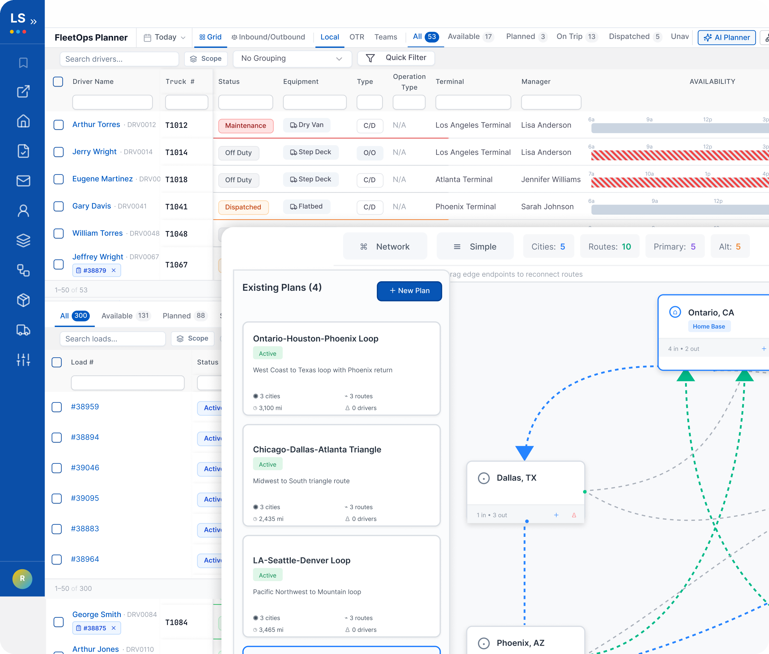 LoadStop FleetOps Planner with Network Planning overlay for existing lane plans