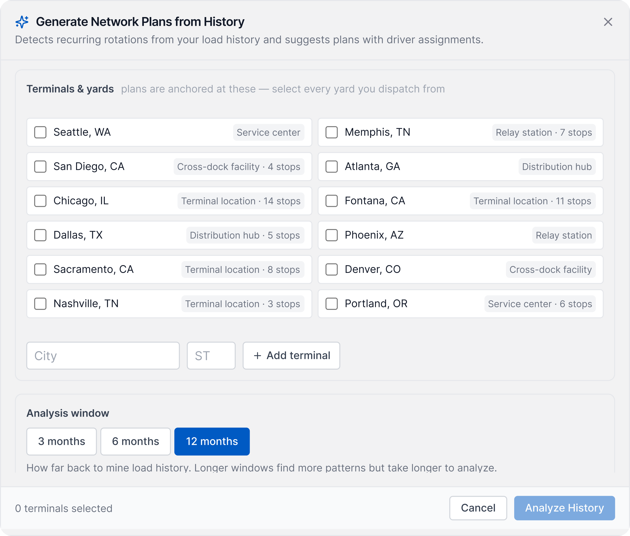 LoadStop Generate Network Plans from History with terminals and a 12 month analysis window