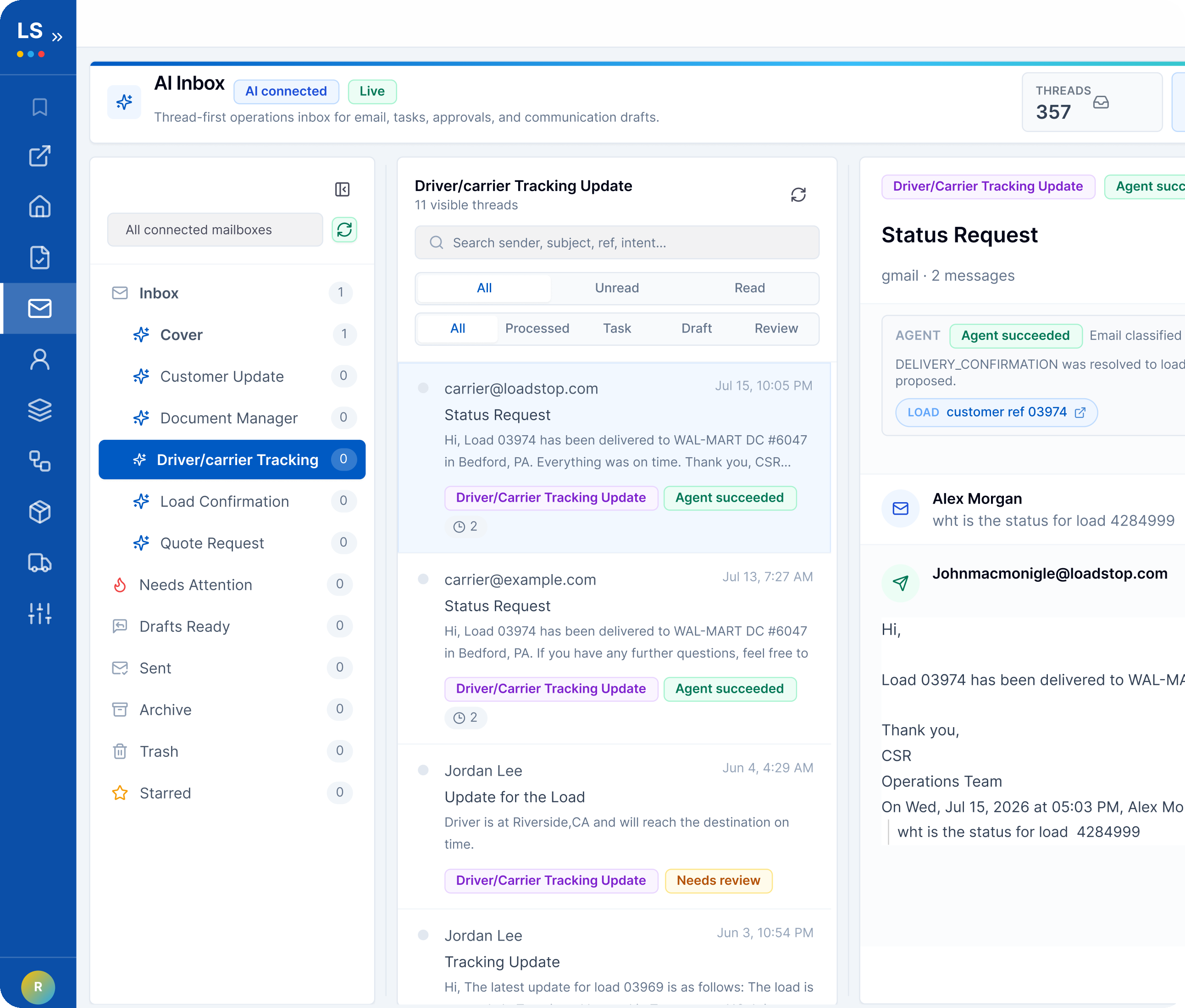 LoadStop AI Inbox with driver and carrier tracking threads