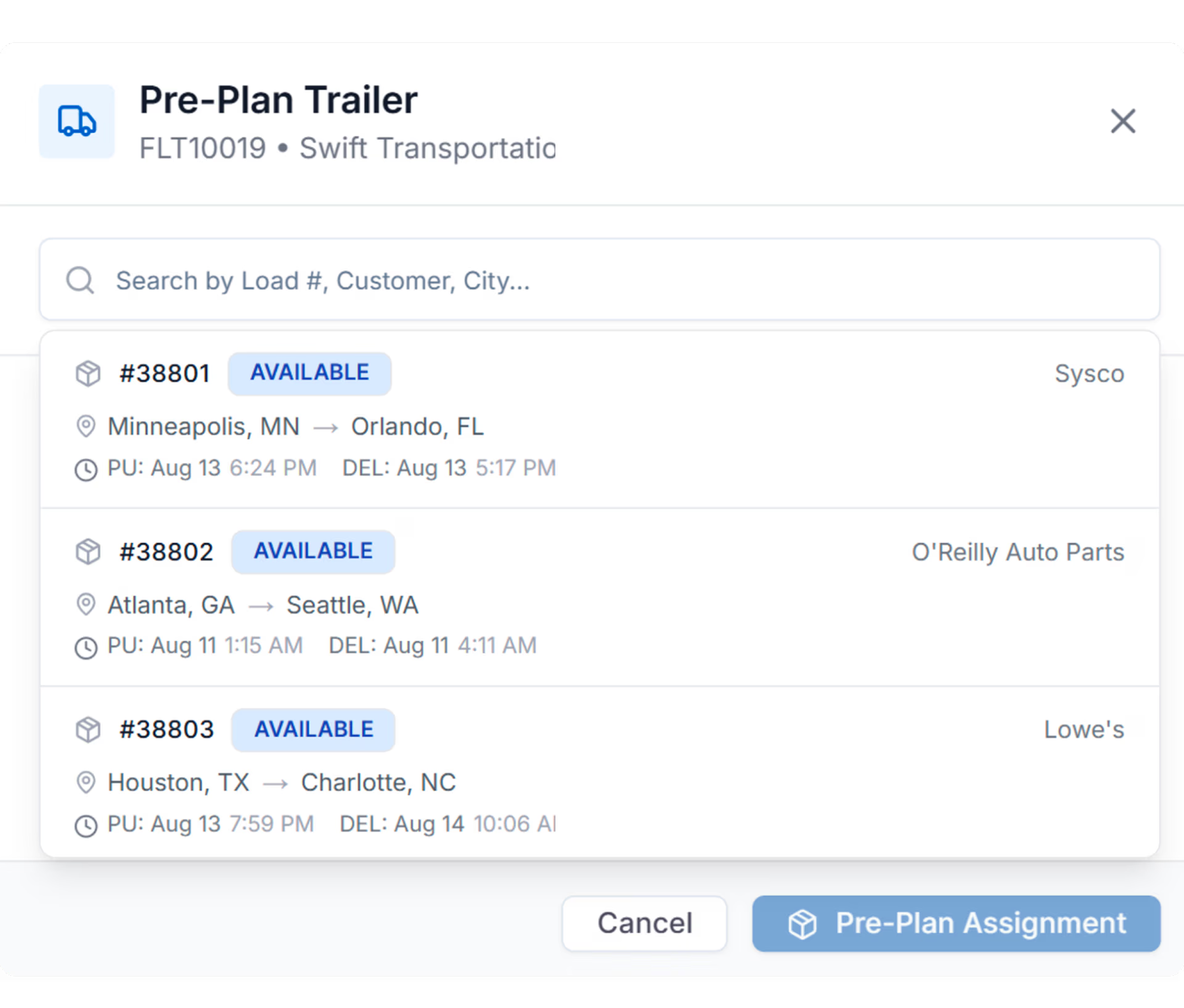 LoadStop Pre-Plan Trailer assignment with available loads for FLT10019