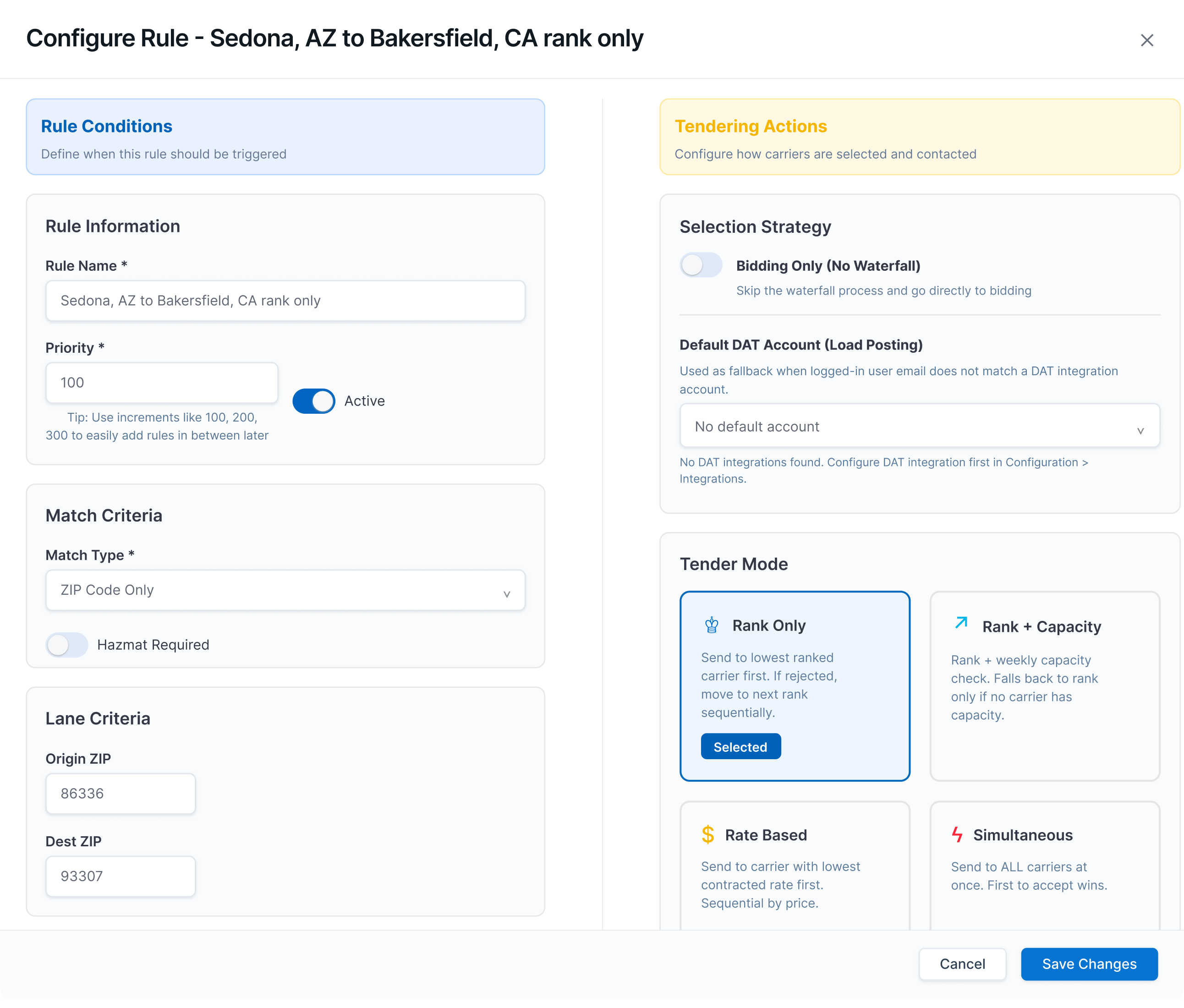 LoadStop Configure Rule for Sedona AZ to Bakersfield CA with match criteria and tender mode