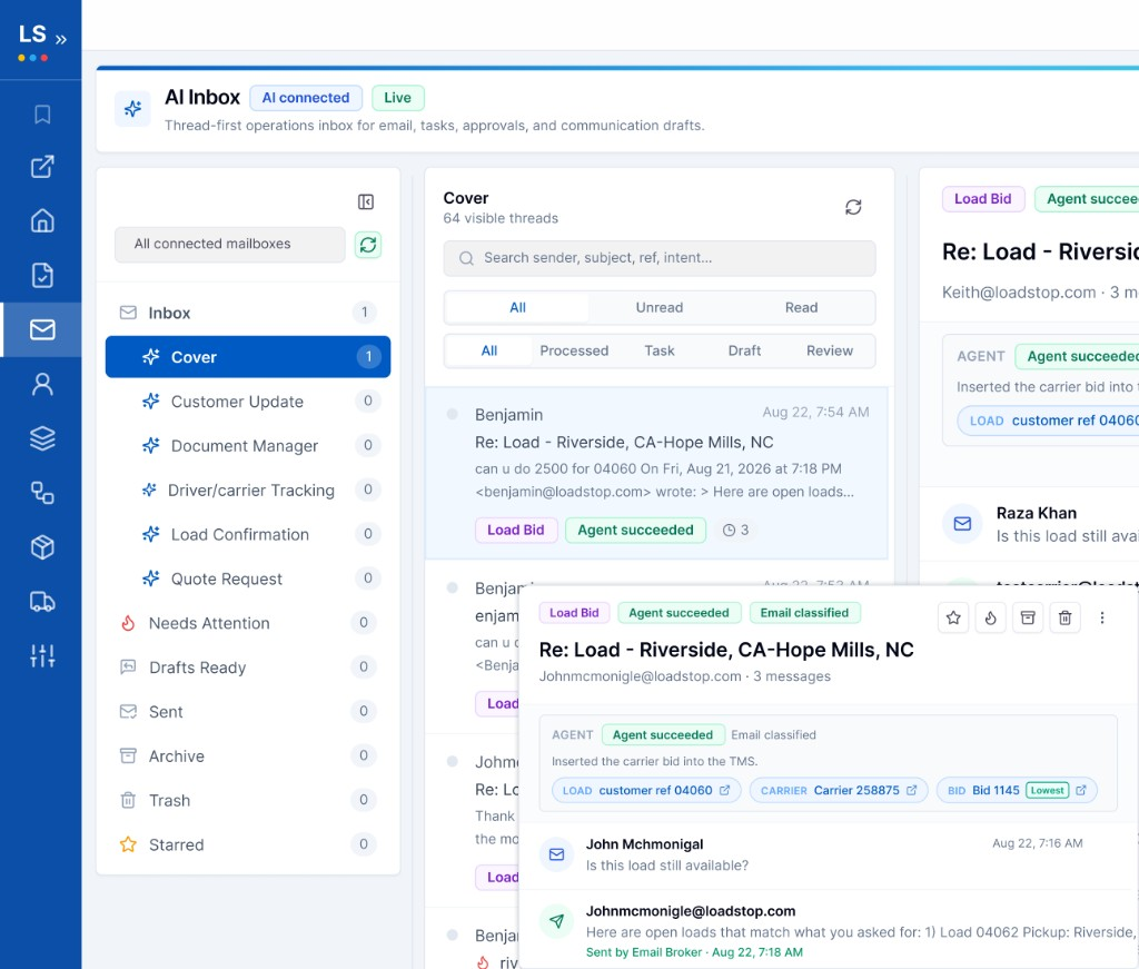 LoadStop AI Inbox Cover view with a Riverside load bid thread overlay and agent status
