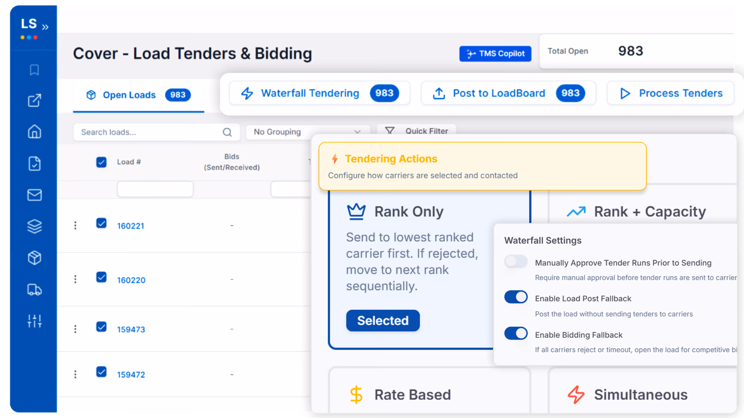 LoadStop hybrid waterfall tendering settings showing ranked carrier selection, waterfall rules, and rate-based coverage options.