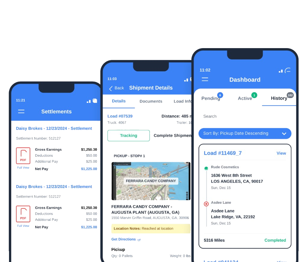 LoadStop Driver App screens showing dashboard, shipment details, and settlements.