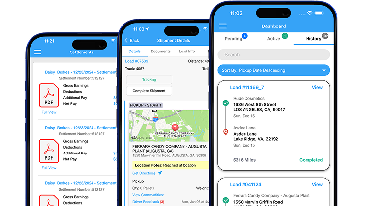 LoadStop Driver App screens showing dashboard, shipment details, and settlements.
