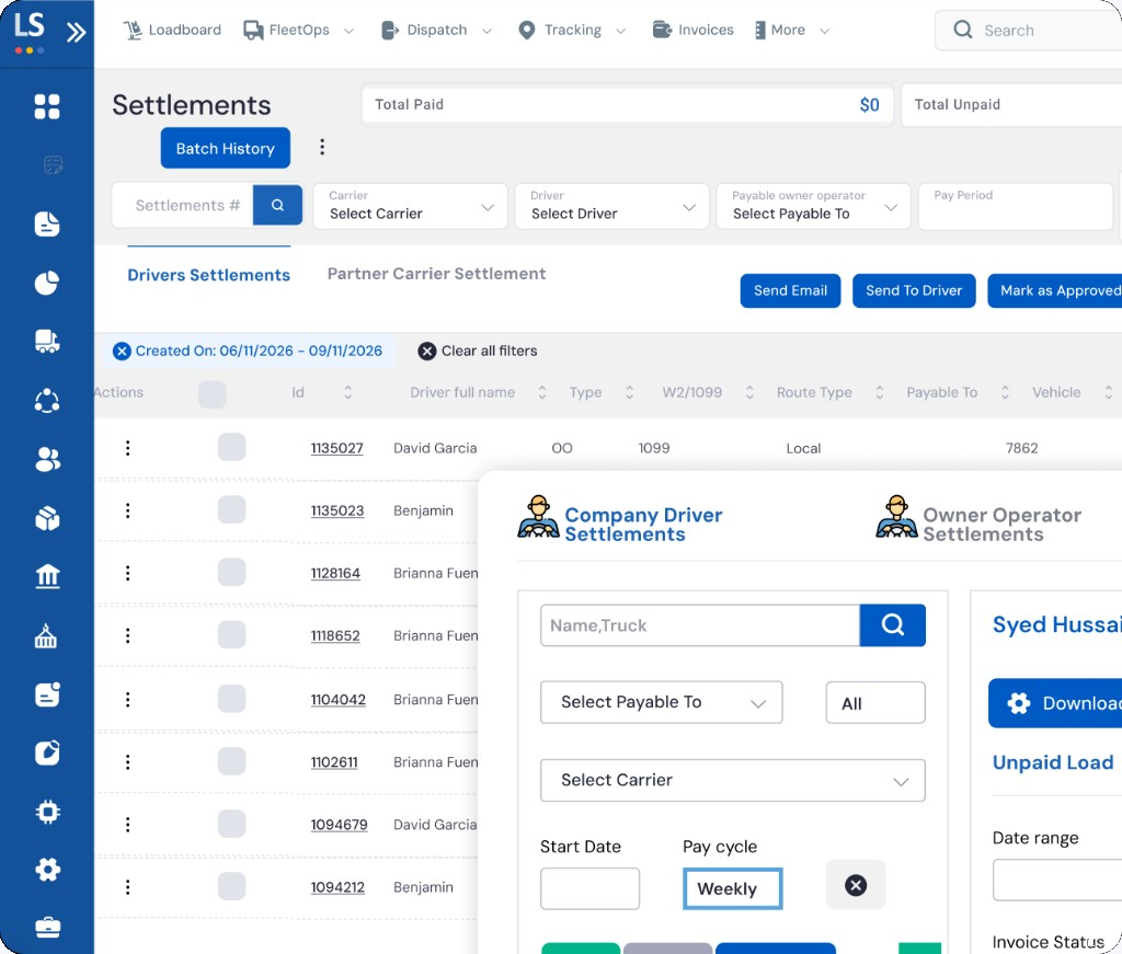 LoadStop Settlements board with driver and carrier pay filters and Company Driver Settlements search.