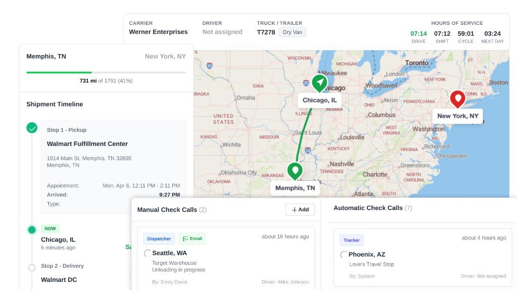 LoadStop shipment tracking view with Memphis to New York map, timeline, and manual and automatic check calls.